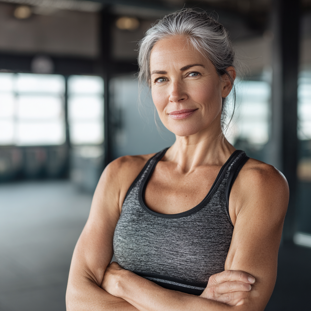 Confident mature woman in her late 40s wearing athletic wear, standing in a modern fitness environment with natural lighting, representing the target demographic for personalized fitness approach