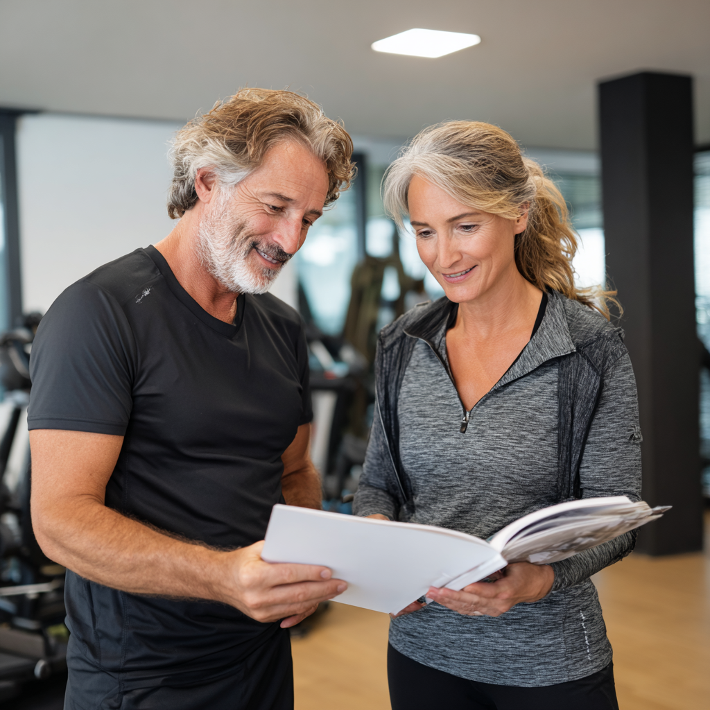Professional fitness consultant in their early 50s reviewing educational materials with a client in a modern wellness consultation room, demonstrating the educational approach to fitness guidance